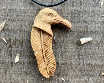 Seagull Head Feather Necklace, Hand Carved Wood Necklace, Bird Wood Pendant, Bird Wooden Jewelry, Unique Gift Idea