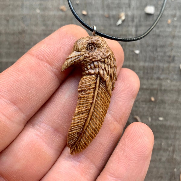 Pigeon Head Feather Necklace, Hand Carved Wood Necklace, Bird Wood Pendant, Bird Wooden Jewelry, Unique Gift Idea