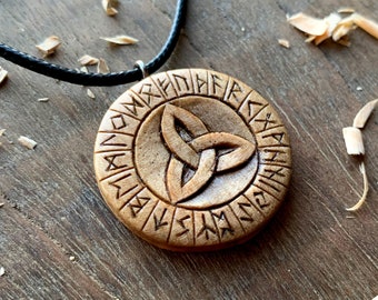 Unique Walnut Wood Runes Triquetra Pendant, Handmade