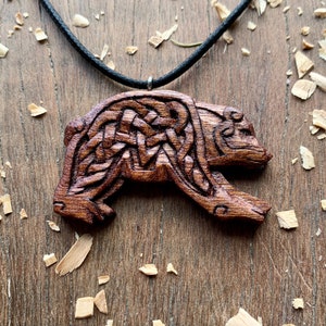 Bear Norse Design Necklace, Viking Bear Wood Pendant, Wooden Jewelry Viking Mens Gift Idea, Norse Jewellery