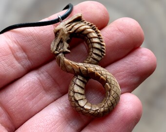 Handcarved Ouroboros Dragon Wood Pendant, Walnut Wood Dragon Mens Necklace, Unique Fantasy Jewelry Gift Idea For Him