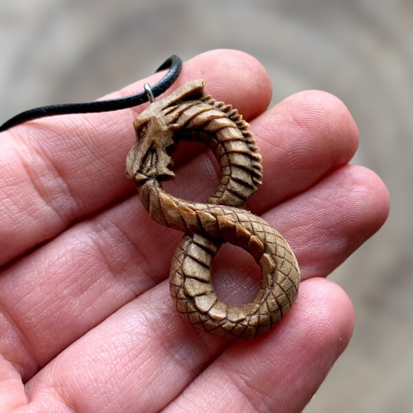 Handcarved Ouroboros Dragon Wood Pendant, Walnut Wood Dragon Mens Necklace, Unique Fantasy Jewelry Gift Idea For Him