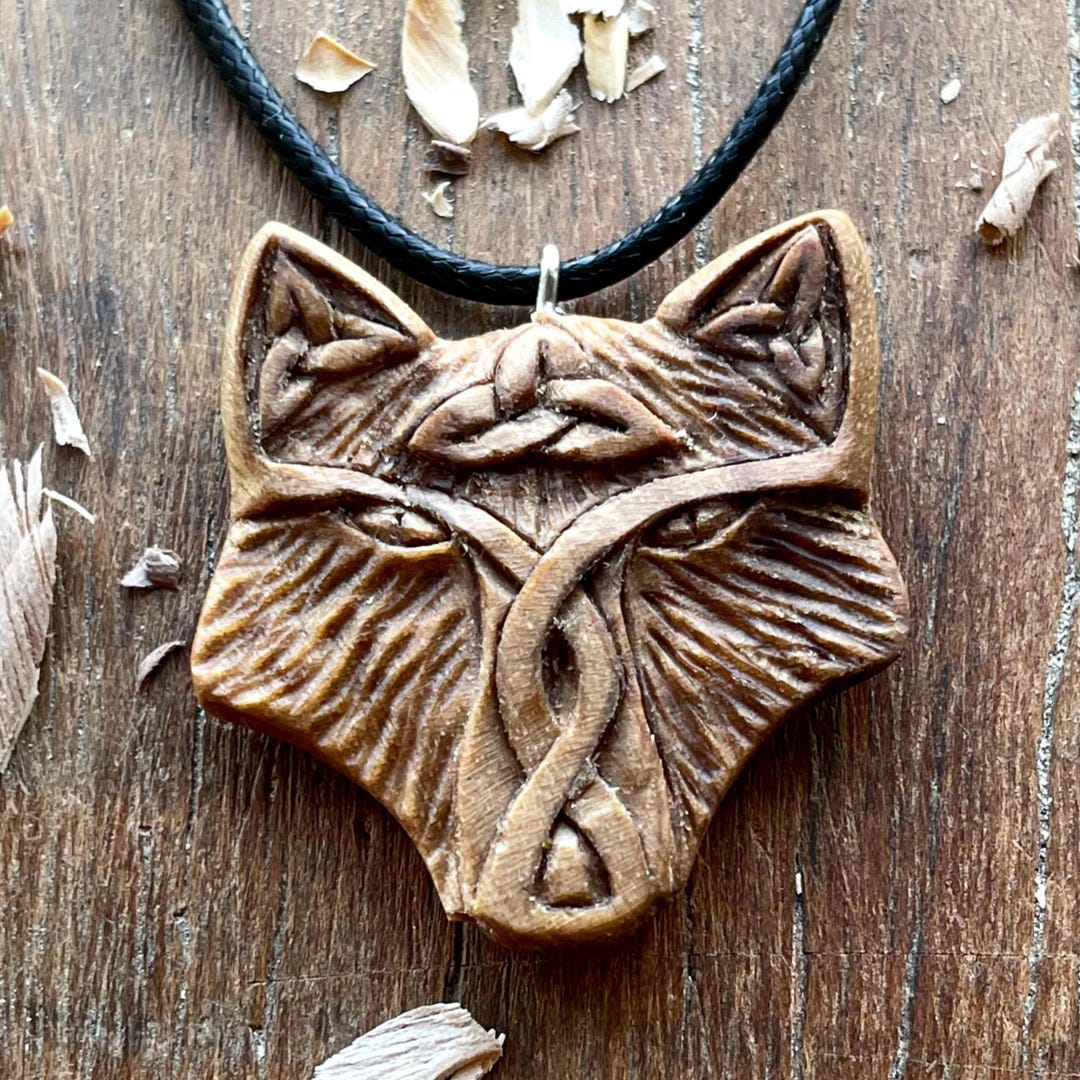 Handcarved Celtic Fox Triquetra Wood Necklace, Unique Fox Wood