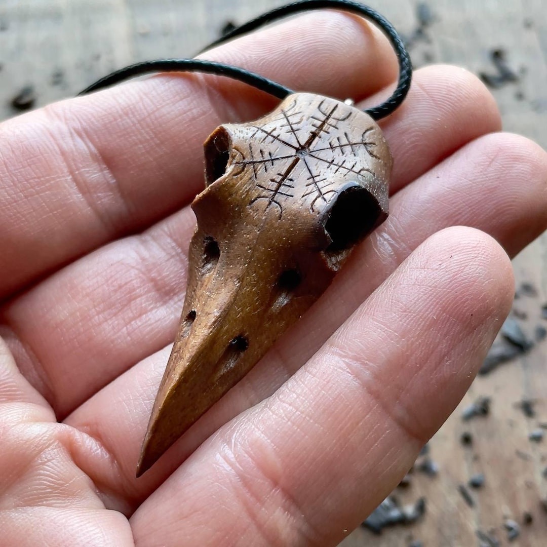Raven Skull Pendant – Viking Norse Wood Necklace With Helm of Awe