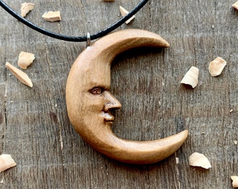 Moon With Face Pendant Necklace Handmade Carved In Walnut Wood - Wood Unisex Jewelry Moon