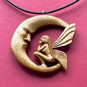 Fairy On The Moon Wood Necklace, Hand Carved Fantasy Creature Pendant, Wood Jewelry For Her