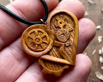 Steampunk Style Heart Clockwork With Gears Wood Pendant Necklace  - Handmade Wood Style Steampunk Jewelry Unisex Gift To Share