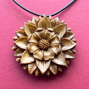 Mandala Flower Walnut Wood Pendant - Handmade Artisan Flower Necklace - Mandala Style Floral Jewelry Expensive Gift Idea For Her