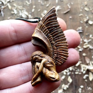 Angel Girl Necklace, Hand Carved Wood Angel Pendant, Walnut Wood Jewelry Angel Anniversary Gift For Her