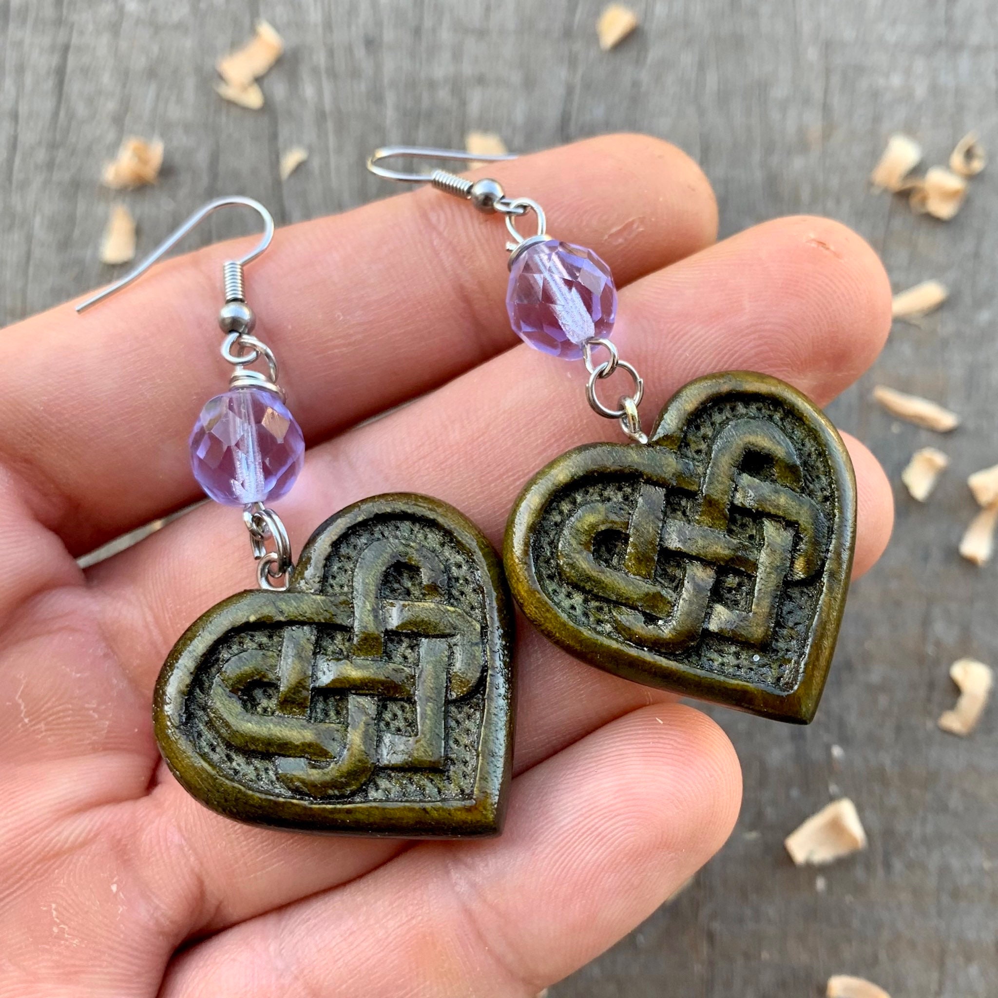 Green Celtic Heart With Knots Dangle Earrings Wood Jewelry Handmade on Olive Wood Celtic Gift Idea Etsy