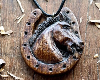 Horseshoe with Horse Head Brown Pendant  - Wood Pendant Necklace - Horse Wood Artisan Jewelry Handmade Crafted Gift for Man - For Him