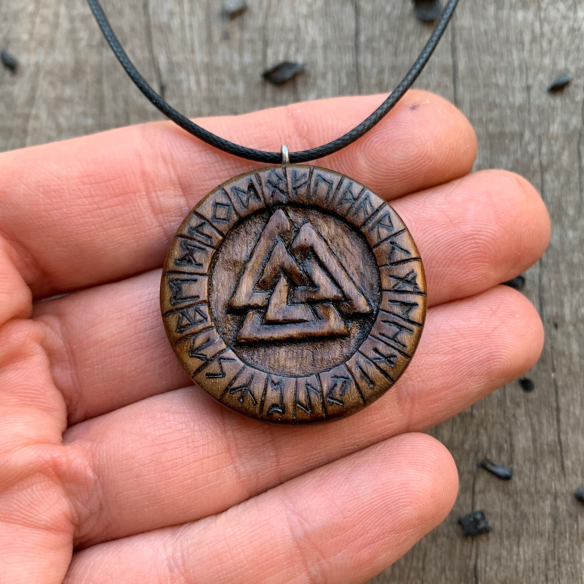 Unique Walnut Wood Runes Triquetra Pendant, Handmade