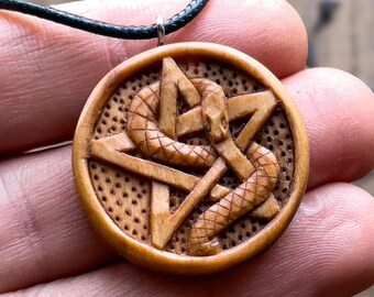 Wood Pentacle With Snake Pendant Necklace - Wood Jewelry Wicca Pentacle Handmade Carved On Walnut Wood