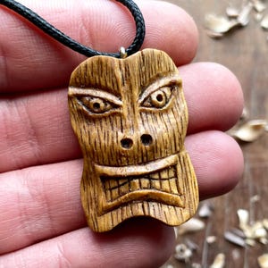 Tiki Tribal Totem Mask Wood Pendant Necklace, Hand Carved Oak Wood Jewelry