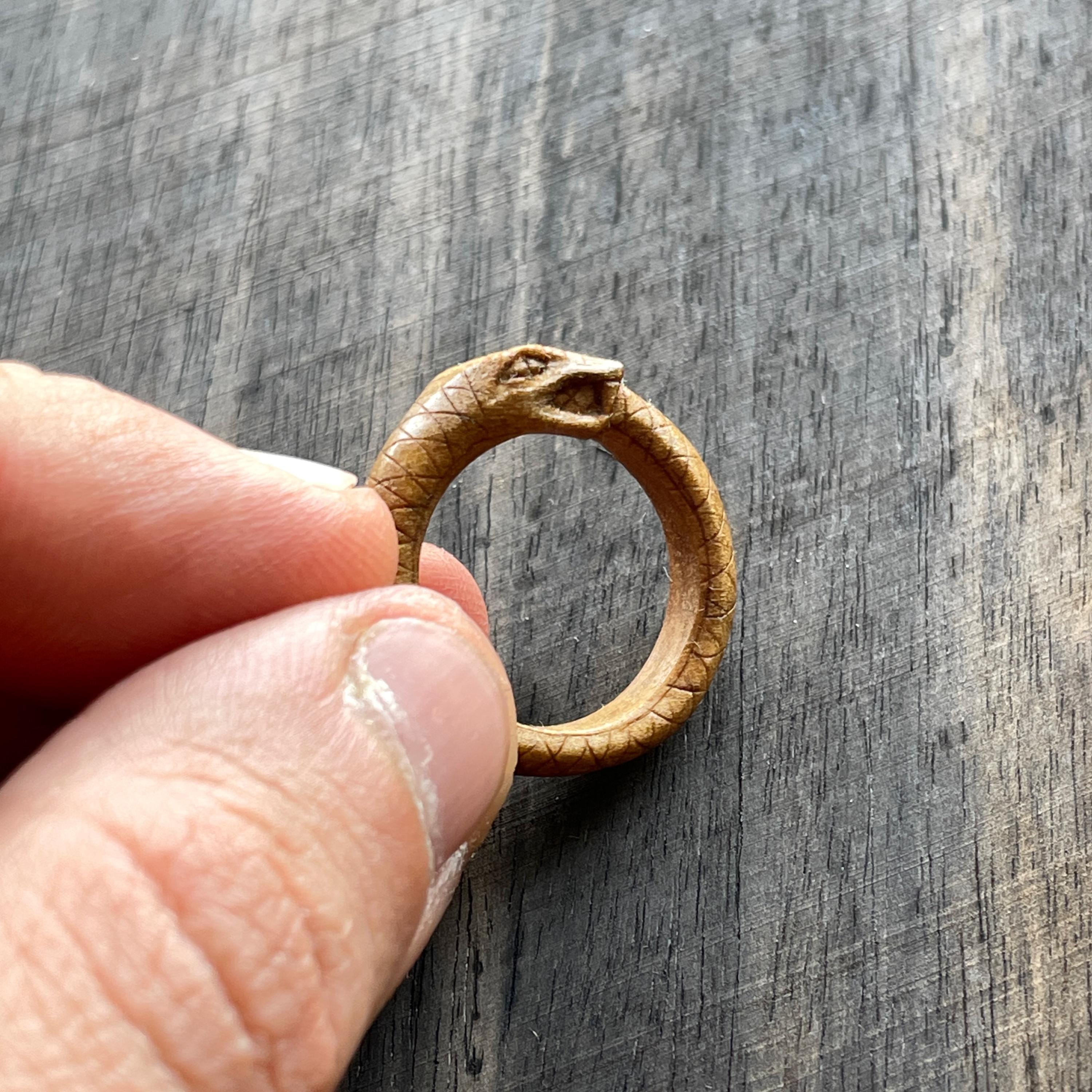 Ouroboros Snake Eating Its Tail Ring Hand Carved in Walut Wood