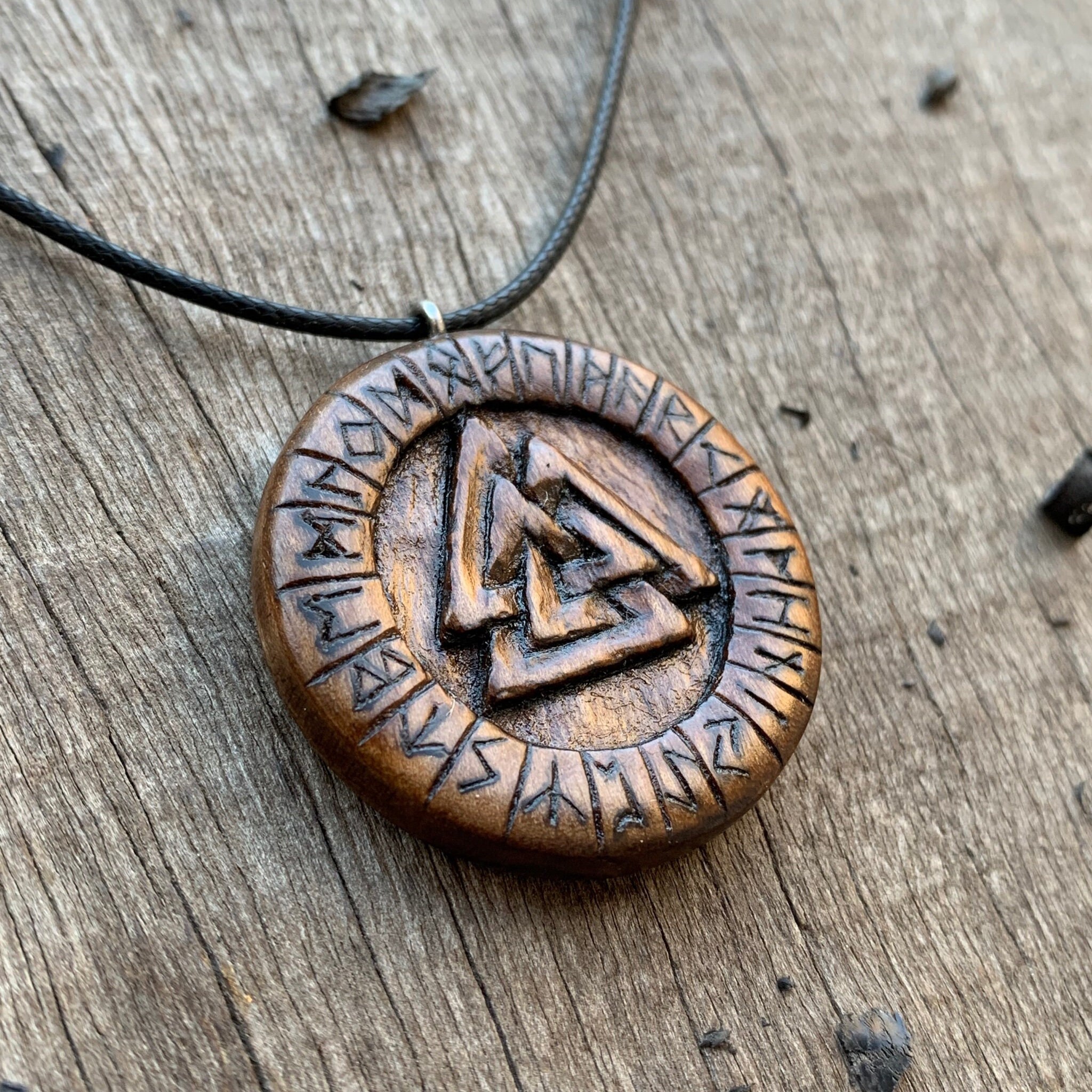 Unique Walnut Wood Runes Triquetra Pendant, Handmade