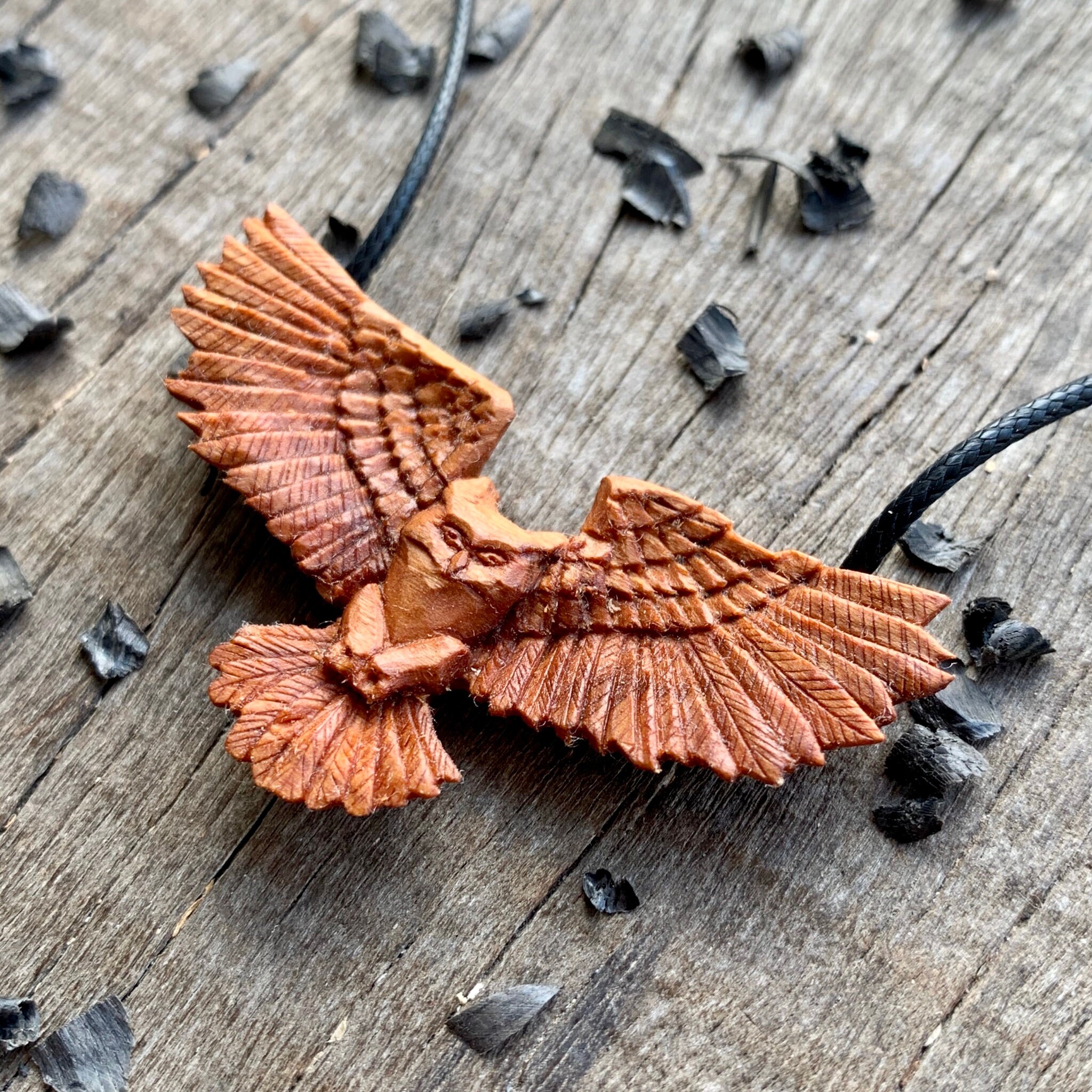 Flying Owl Necklace Hand Carved in Walnut Wood Owl Wood Pendant