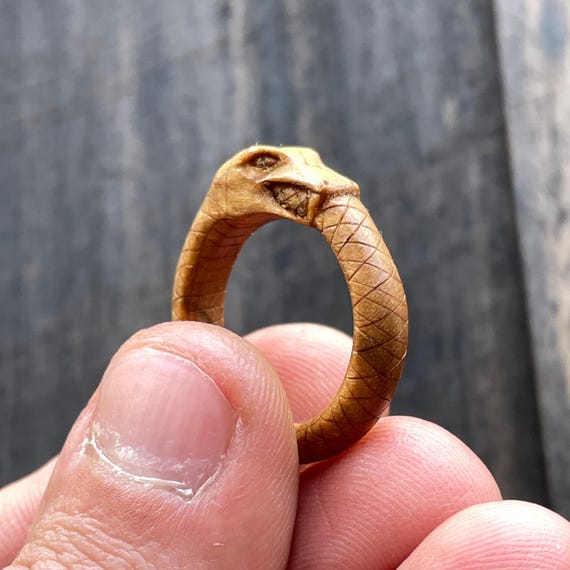 Ouroboros Snake Eating Its Tail Ring Hand Carved in Walut Wood