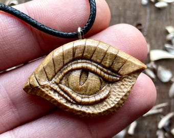 Wood Dragon Eye Pendant - Dragon Fantasy Wood Necklace - Handmade Carved On Walnut Wood - Fantasy Jewelry Handmade - Unique Gift For Him