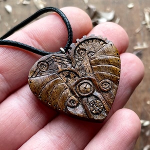 Steampunk Heart With Gears Wood Pendant Necklace - Handmade Carved On Walnut Wood - Handmade Wood Style Steampunk Jewelry Unisex