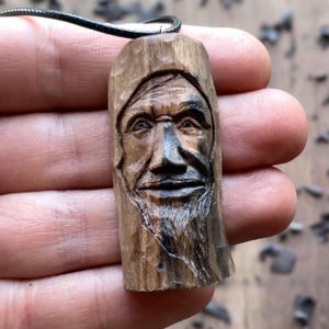 Cheerful Spirit Pendant Hand Carved In Walnut Wood, Wooden Spirit Necklace, Hand Carved Unique Wood Jewelry