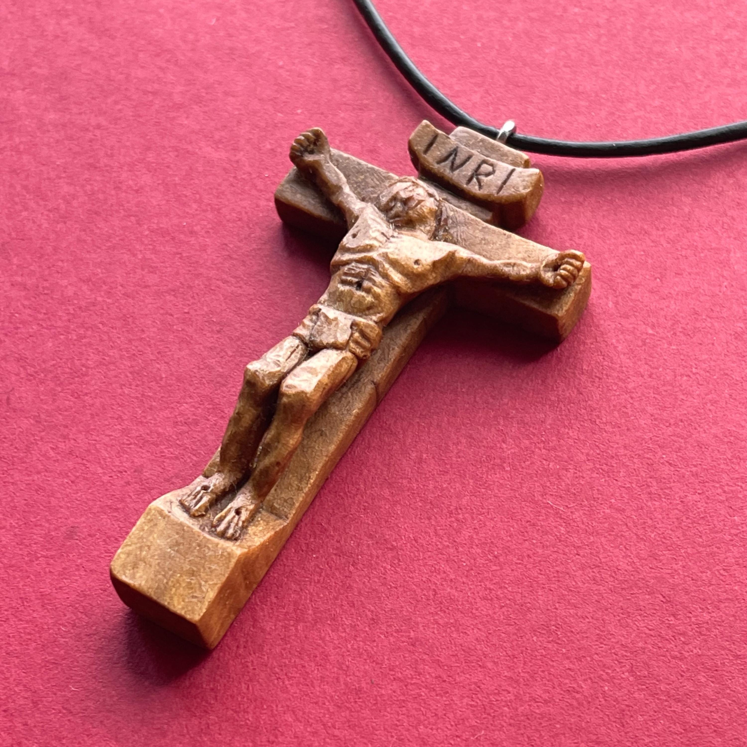 Crucifix - Jesus on the Cross Wood Pendant, Jesus Christ Walnut 