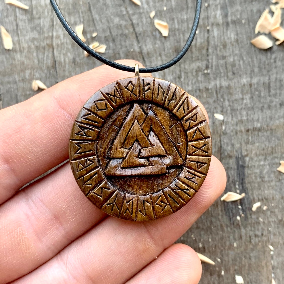 Valknut Pendant and Runes Handmade Carved on Walnut Wood - Etsy