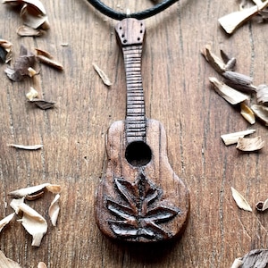 Classic Guitar Wood Pendant, Hand Carved Guitar Walnut Wood Necklace, Musical Instruments Wooden Jewelry