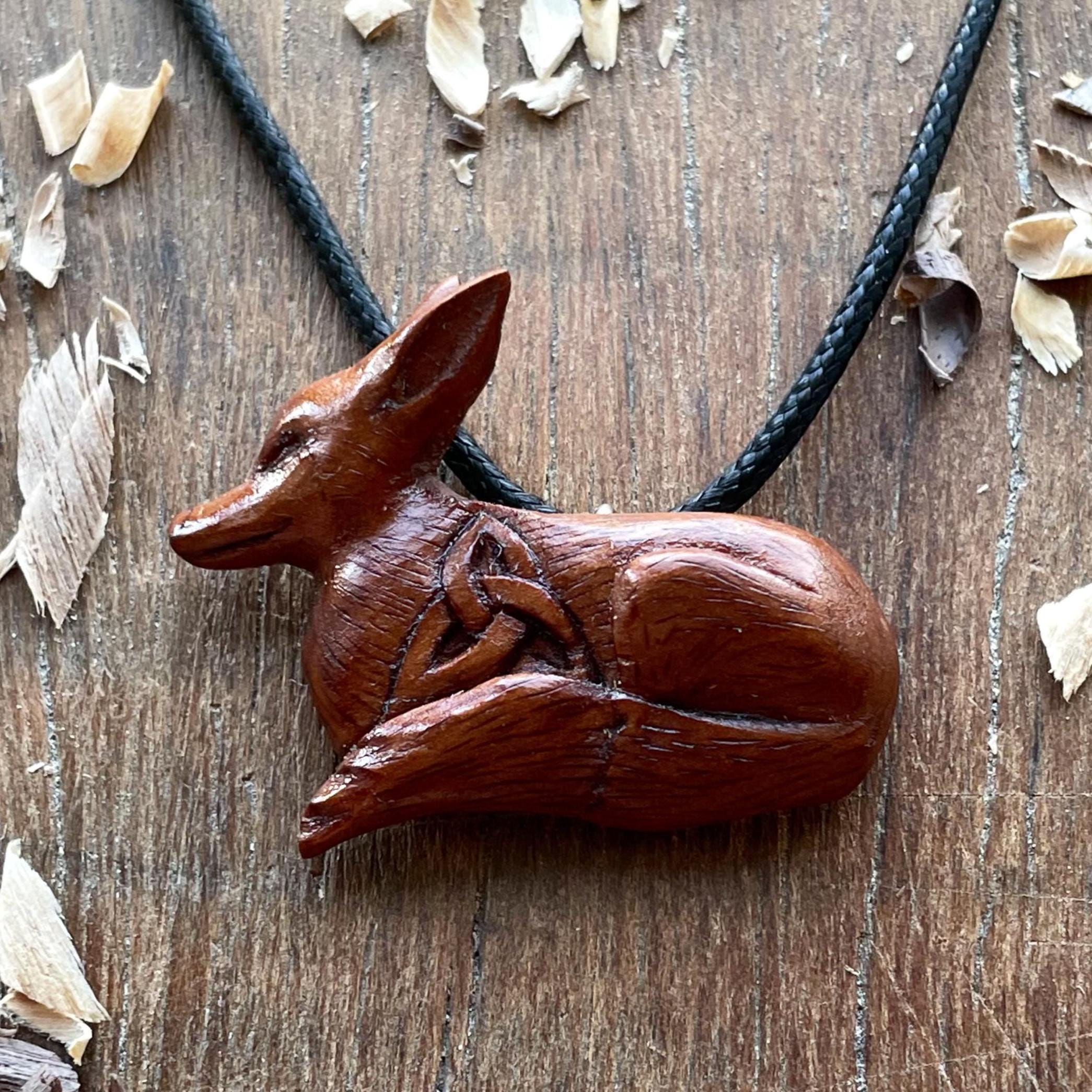 Beautiful Celtic Fox Triquetra Wood Pendant Wooden Fox Necklace