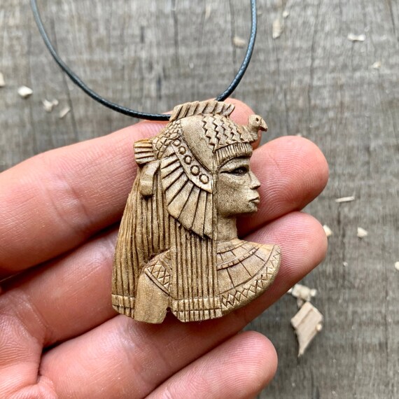 Cleopatra Profile Face Necklace Queen of Egypt Pentant Walnut