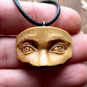 Realistic Eyes Gaze Wood Pendant, Handcarved Eyes Olive Wood Necklace, Anatomical Wooden Jewelry
