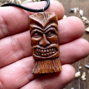 Tiki Mask Plum Wood Pendant Necklace, Hawaiian Polynesian Tribal Wooden Jewelry