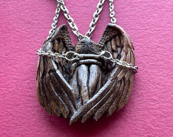 Angel In Chains Girl Wooden Necklace, Hand Carved Angel Walnut Wood Pendant, Handmade Jewelry Gift Idea For Her