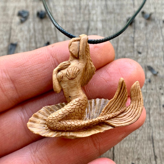 Siren on Shell Pendant Entirely Hand Carved in Walnut Wood