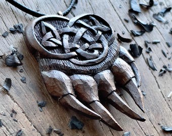 Bear Paw Pendant – Celtic Knot Talisman of Strength, Hand-Carved in Olive or Plum Wood, Mens Gift Idea