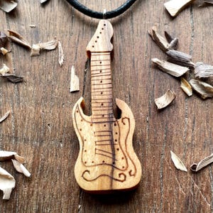 Etectric Guitar Wood Pendant, Hand Carved Guitar Olive Wood Necklace, Musical Instruments Wooden Jewelry