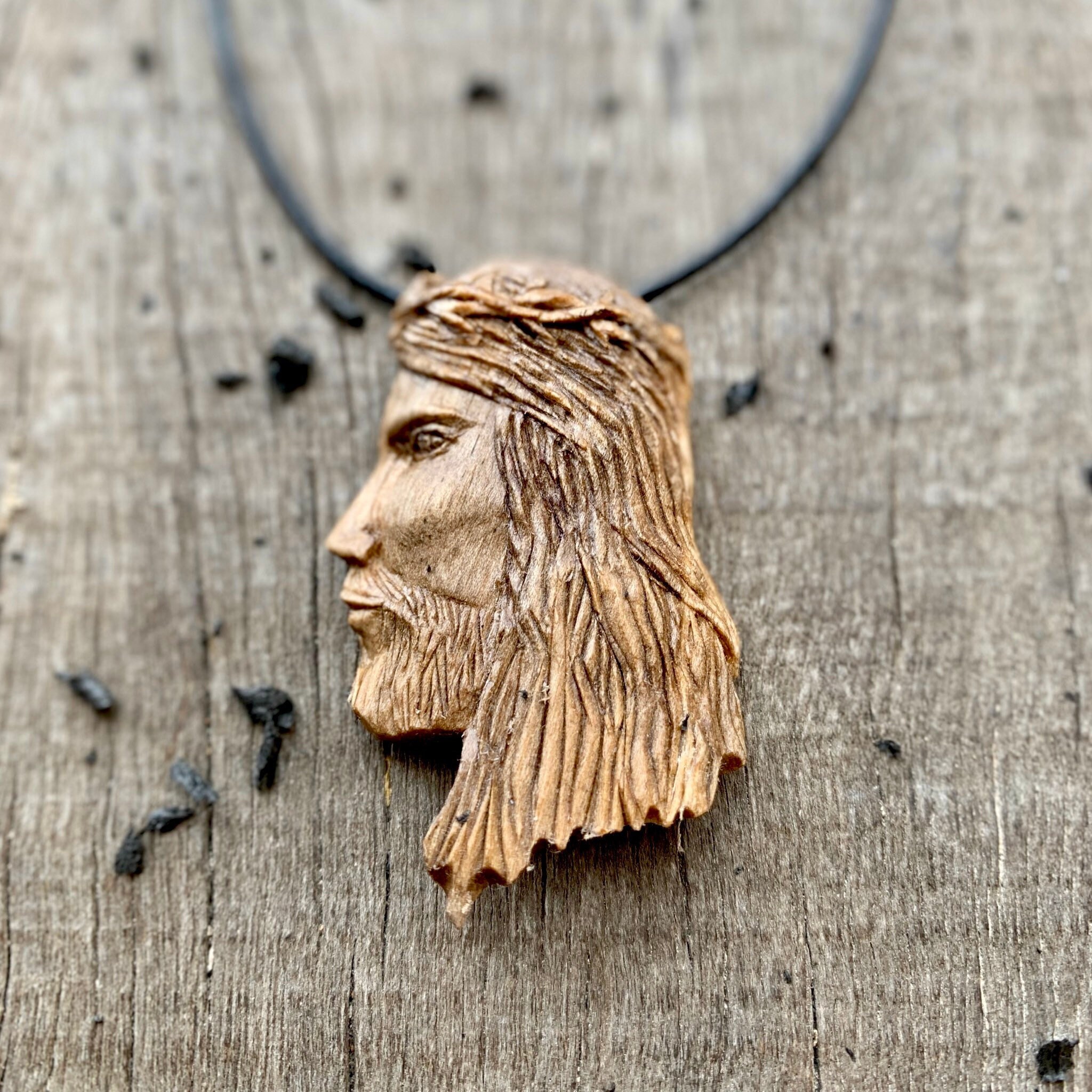 Jesus Christ Face Profile Wood Necklace Handcarved Wooden Pendant