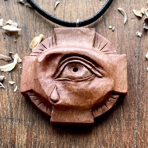 Cross Eye Wood Pendant, Handcarved Eye Pear Wood Necklace, Anatomical Wooden Jewelry