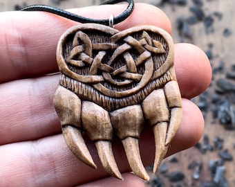 Bear Paw Pendant – Celtic Knot Talisman of Strength, Hand-Carved in Olive or Plum Wood, Mens Gift Idea