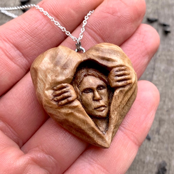 Girl Heart Necklace - Girl Opening Heart By Hands Walnut Wood Pendant - Wooden Necklace -  Gift Idea For Her - Handmade Heart Wood Jewelry