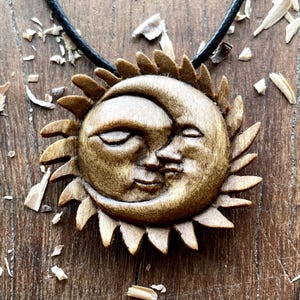 Sun And Moon Necklace, Walnut Wood Pendant, Wooden Necklace, Celestial Jewelry Sun And Moon Face, Gift Idea For Him For Her