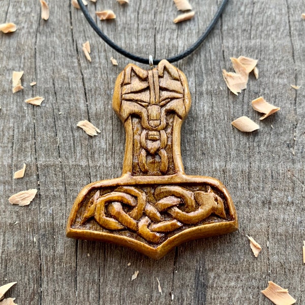 Thor's Hammer Mjolnir Fenrir Wolf Wood Pendant Necklace - Wolf Necklace - Handmade Wood Viking Jewelry - Viking Pendant - Norse Jewelry