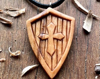 Medieval Shield Shield Wood Pendant Necklace, Handmade Unique Gift Idea For Him, Handcarved Wood Jewelry Medieval Shield Style 1