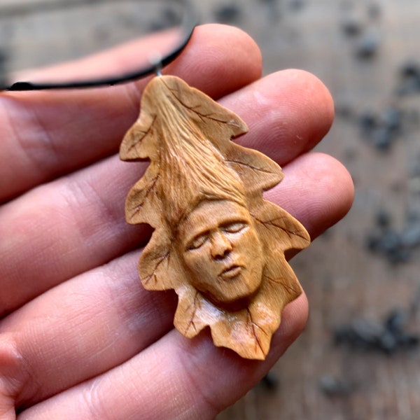 Oak Leaf Wood Spirit Pendant, Female Face Leaf Wooden Necklace, Handcarved Unique Floral Wood Jewelry