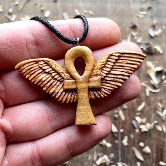 ハンドメイド 羽と木製十字架 ネックレス