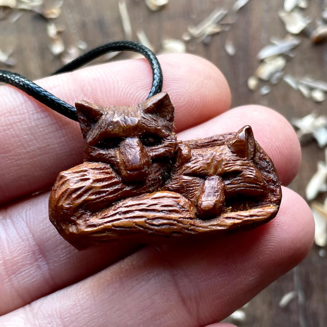Fox Pendant Hand Carved Wood Pendants Two Foxes Wood Pendant
