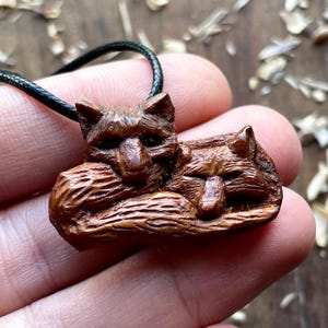 Two Foxes Wood Pendant - Handmade Foxes Necklace - Animal Jewelry Carved In Plum Wood - Fox Gift Idea For Him Or For Her