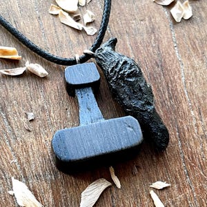 Raven And Mjolnir Wood Pendant, Double Pendant Wood Necklace, Thor&#39;s Hammer Wood Man Jewelry Gift Idea, Viking Norse Necklace
