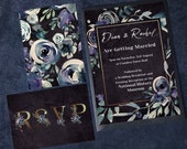 Dark Floral Wedding Invitations - watercolour, gothic, roses, marble, unique, wedding set, printed invite, alternative stationery.