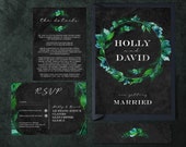 Woodland Wreath Wedding Invitations - watercolour, rustic invitation, foliage, greenery wedding invites, green and black wedding stationery.